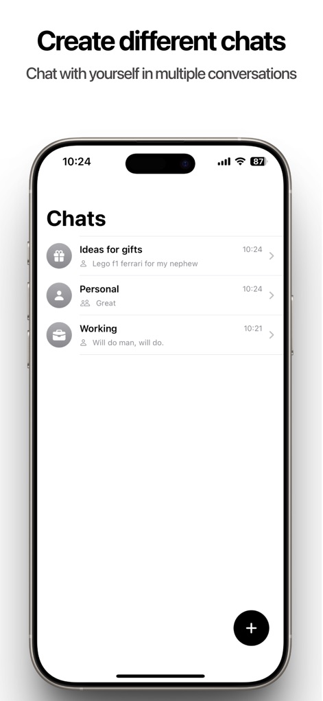 SoloType - Chat with Yourself - 이 앱은 '선물 아이디어'나 '개인'과 같은 다양한 채팅 목록을 제공하며, '+' 버튼을 통해 새로운 대화를 시작할 수 있습니다.