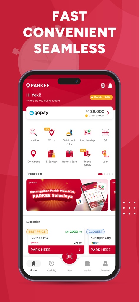 PARKEE - Users can easily navigate the app's comprehensive dashboard, showcasing integrated e-wallet payment options like GoPay and quick access features such as "Wuzz" for fast parking.