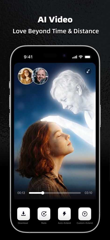 AI Marvels - AI Photo Editor - This tool allows users to generate deeply moving AI videos, showcasing both the emotional visual transformation and intuitive video control buttons.