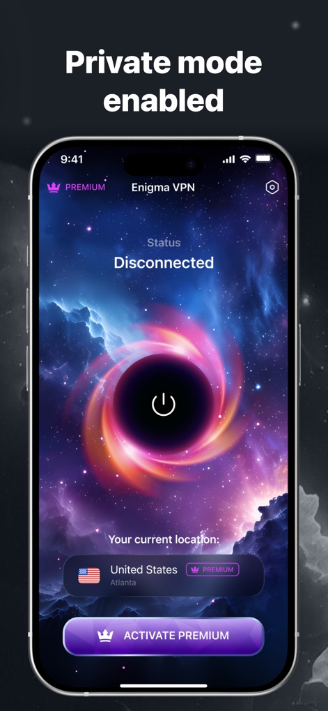 Enigma VPN – Secure & Fast - This screenshot highlights the app's intuitive one-tap connection button and the clear display of the user's current virtual location.
