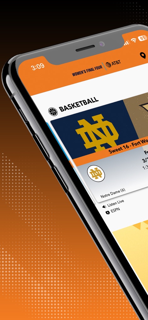 2026 NCAA Women’s Final Four - The app provides direct access to game matchups like the Notre Dame vs. Vanderbilt game, and integrated media options such as 'Listen Live' via ESPN for real-time engagement.