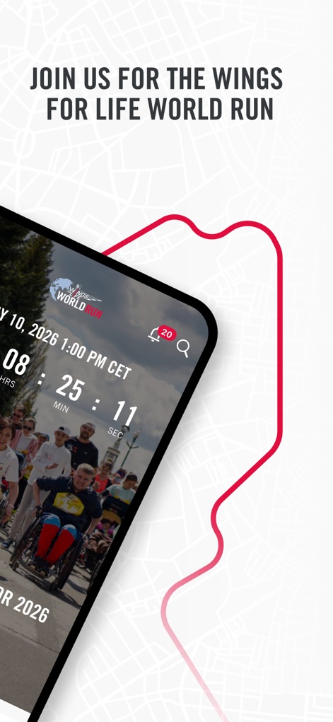 Wings for Life World Run - This interface clearly presents the May 10, 2026 event date and time, complemented by an engaging real-time countdown to build anticipation.
