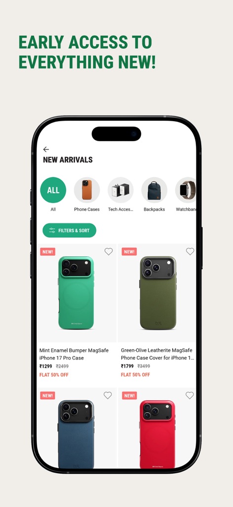 DailyObjects - Gain priority access to the "New Arrivals" section, featuring the latest product drops and special offers like "Flat 50% Off" on premium phone cases.