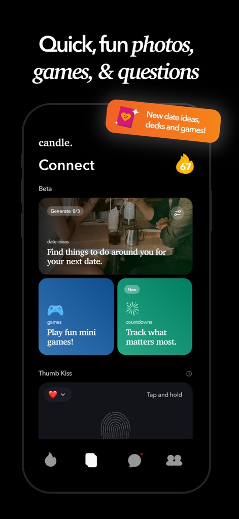 Candle: Couples & Relationship - Explore the app's central 'Connect' interface, showcasing quick access to 'curated date ideas' and engaging 'mini-games' for couples.