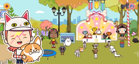 Miga Town: My Pets - La aplicación presenta un vibrante campo de entrenamiento con un podio de premios que celebra logros y una amplia variedad de animales participantes.