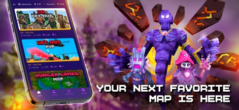 Mods, Skins for Minecraft PE - Explore the app's intuitive map browsing interface with categories like 'Adventure' and 'PVP', highlighted by a formidable purple boss character and mystical floating runes.