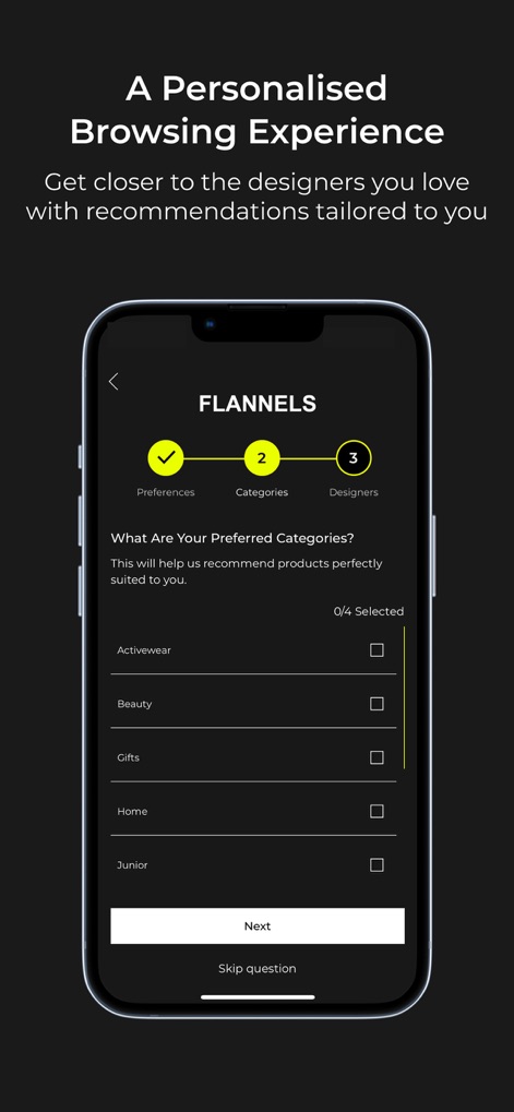 Flannels - This tool guides users through a multi-step personalization process, allowing them to select preferred categories and refine their fashion recommendations.