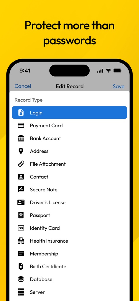 Keeper Password Manager - Dieser Screenshot präsentiert die Vielseitigkeit der App beim Schutz unterschiedlicher Datentypen, sichtbar an der umfangreichen Liste von „Record Type“-Optionen wie „Payment Card“ und „Driver's License“.