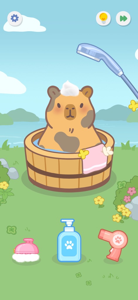 SatisPuzzle: Perfect Tidy - The app features delightful pet grooming scenarios, showcasing a bubbly hamster bath and essential care items such as shampoo and a hairdryer.