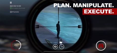 Hitman Sniper - Enter the sniper scope for precise targeting, utilizing the breath-holding mechanic and tracking ammo count to execute critical shots.