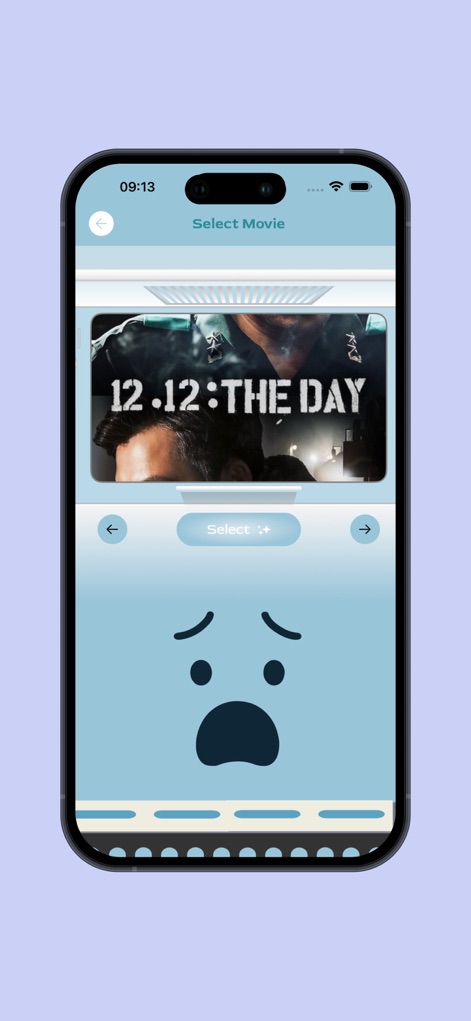 Comp Study - Cine Mood - Los usuarios pueden personalizar su experiencia de juego seleccionando el póster de la película deseada, como '12.12: THE DAY', facilitando la navegación entre las diferentes opciones mediante botones de flecha.