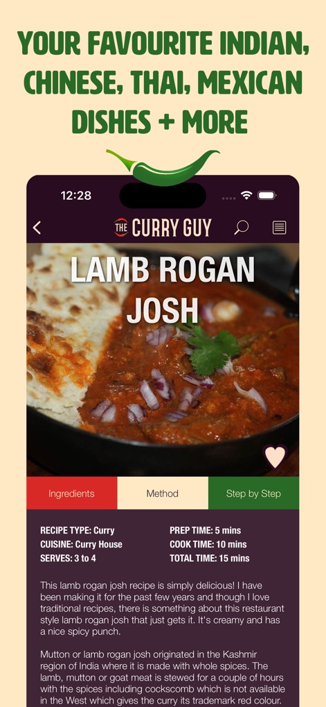 The Curry Guy - Spiced Recipes - Approfondite ogni piatto con informazioni dettagliate visibili, inclusi "Prep Time" e "Cook Time", accompagnate da una splendida fotografia del "Lamb Rogan Josh" che stuzzica l'appetito.