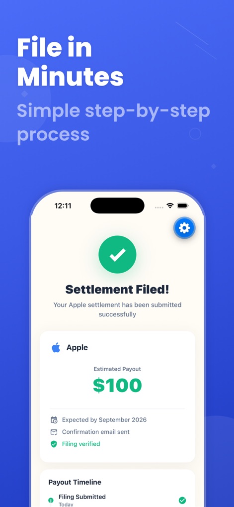 Settlemate: Claim Money - Once a claim is filed, the app provides instant confirmation of "Settlement Filed!" and an estimated payout with a future expected date.