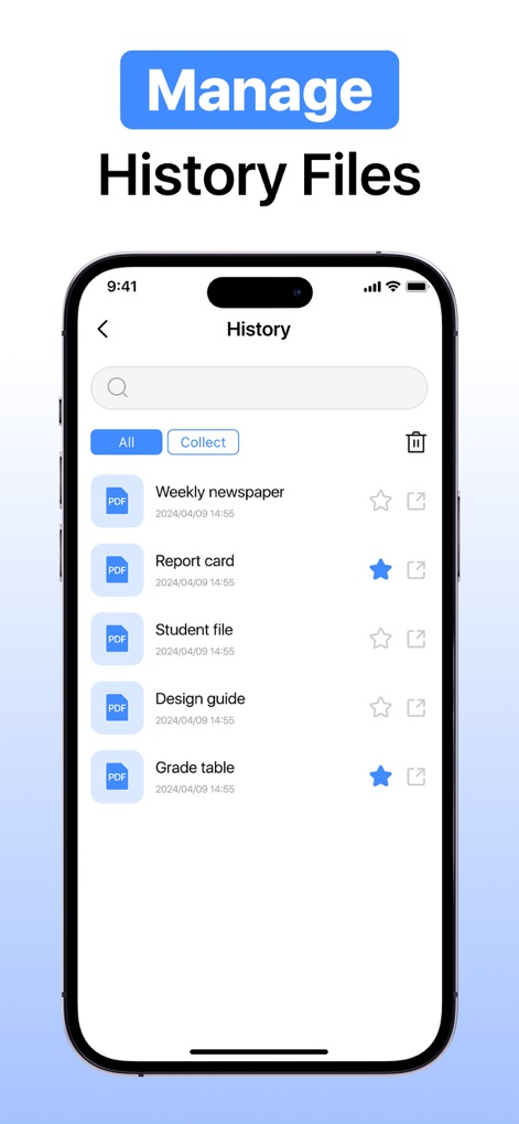 Cleaner: Phone Cleanup App - Chaque document converti est soigneusement enregistré dans un historique clair, permettant aux utilisateurs d'accéder rapidement à des fichiers comme le "Weekly newspaper" ou le "Report card", et de les gérer via des options de favoris et de partage.