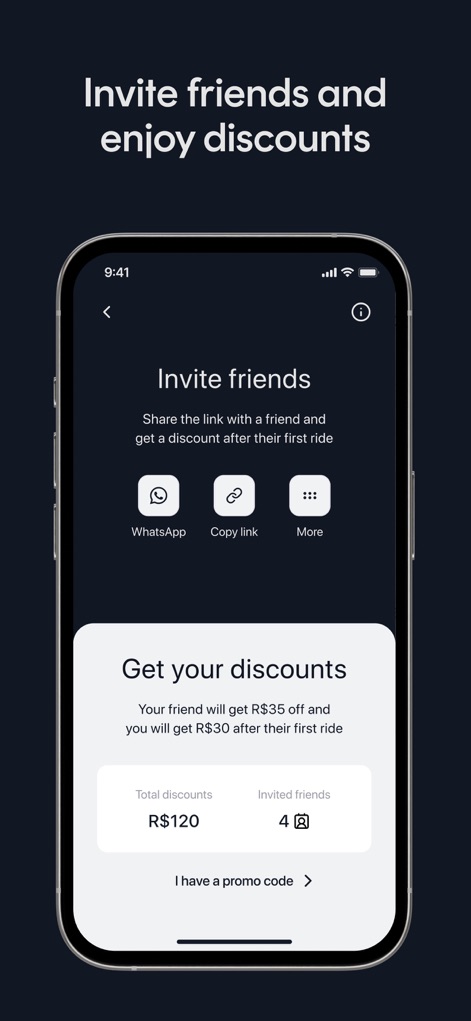 Rhino: Premium armored rides - 사용자는 친구 초대 기능을 통해 할인을 받을 수 있으며, WhatsApp을 포함한 다양한 공유 옵션과 누적된 할인 금액을 명확하게 확인할 수 있습니다.