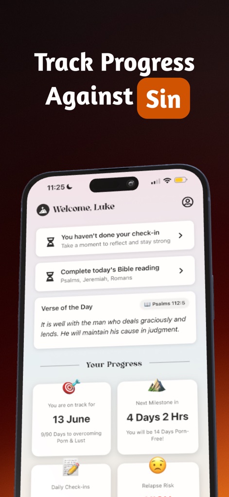 Unchaind: Overcome Lust - Dieser Bildschirm präsentiert den "Verse of the Day" für spirituelle Inspiration und die "Next Milestone" Anzeige, um den persönlichen Fortschritt zu visualisieren.