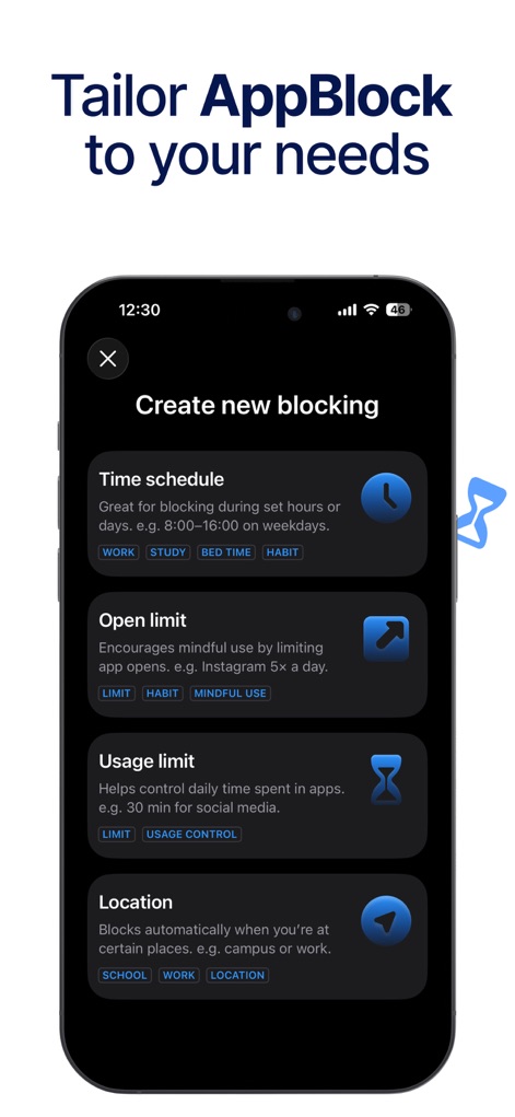 AppBlock: Block Apps & Website - このアプリは、特定の時間帯にブロックする「タイムスケジュール」や、アプリの起動回数を制限する「オープンリミット」など、ユーザーのニーズに合わせた多様なブロック方法を提供します。