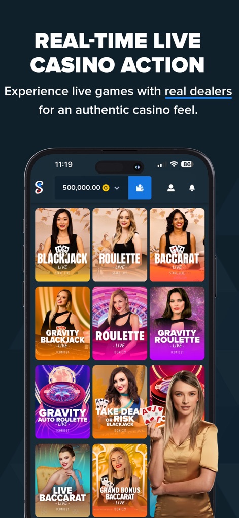 Stake US - Casino & Slots - Immerse in a true casino atmosphere, offering a wide selection of 'Live Blackjack' and 'Live Roulette' games hosted by real dealers.