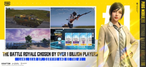PUBG MOBILE - La aplicación demuestra su alcance masivo con escenas de juego variadas, incluyendo un vehículo blindado en movimiento y un menú de recompensas con cajas de regalo.