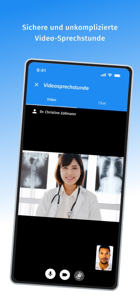 arzt-direkt - Dieses Bild zeigt eine aktive „Videosprechstunde“ mit dem Arzt und bietet zudem die Option, über den „Chat“-Tab textbasiert zu kommunizieren.