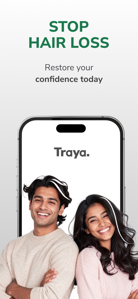 Traya: Hair Loss Solutions - See how Traya: Hair Loss Solutions showcases its sleek logo and branding on the app interface and the confident, happy faces of its users.
