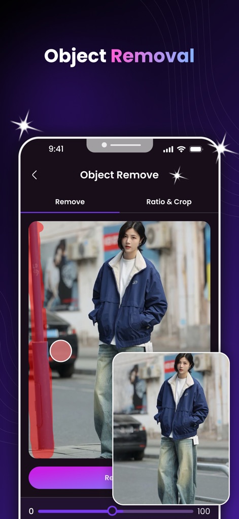 AgeLapse – Face Age Changer - This feature highlights the seamless "Object Remove" capability, demonstrating how an unwanted "street pole" can be precisely highlighted and effortlessly eliminated from the image.