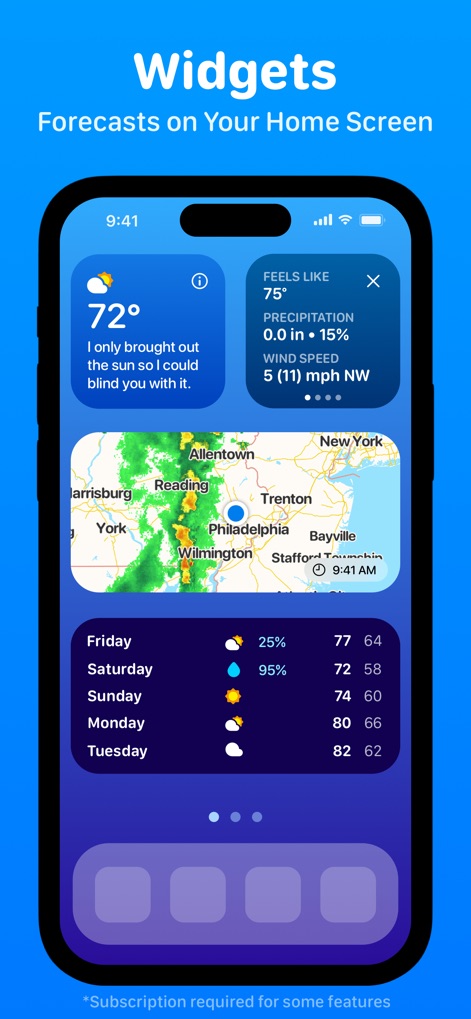 CARROT Weather: Alerts & Radar - The app offers diverse home screen widgets that provide instant access to current conditions, a multi-day forecast, and a mini radar map.