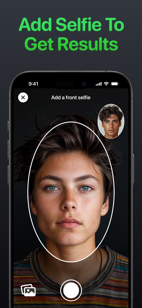 Maxxing: LooksMaxxing Glow Up - The app guides users to easily add a front selfie using an intuitive oval guide, facilitating accurate and immediate analysis of their facial features.