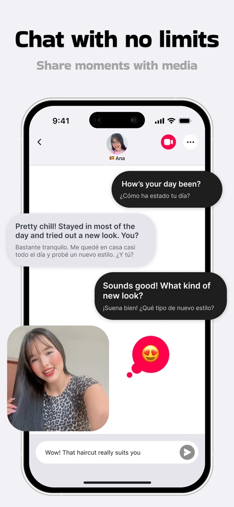 Aveola: 1-on-1 Live Video Chat - Gli utenti possono comunicare senza limiti linguistici grazie ai messaggi con traduzione automatica (X), arricchendo la conversazione con l'invio di reazioni ed elementi multimediali (Y).