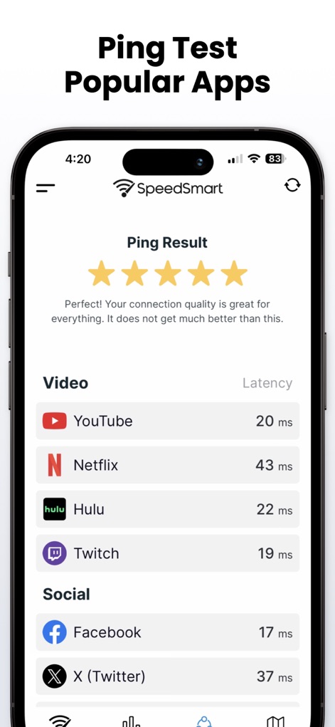 Speed Test SpeedSmart Internet - Evaluate connection quality with ping test results for popular applications like YouTube and Netflix, ensuring smooth streaming and gaming experiences.