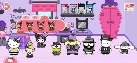 Hello Kitty And Friends World - The app provides extensive dress-up options, enabling users to choose unique outfits from specialized packs like the 'Mystery Pack' for their favorite characters.