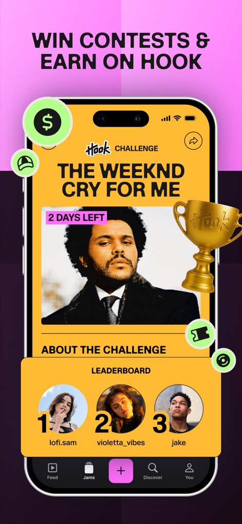 Hook - Remix & Mashup Maker - Participe de desafios emocionantes, como o 'Hook Challenge' com The Weeknd, competindo para alcançar o topo do 'Leaderboard' e ganhar recompensas exclusivas.