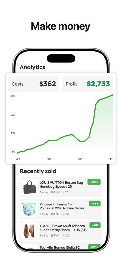 ThriftAI: Profit Identifier - The app features a comprehensive profit tracking dashboard and a list of recently sold items, offering users clear insights into their resale performance.