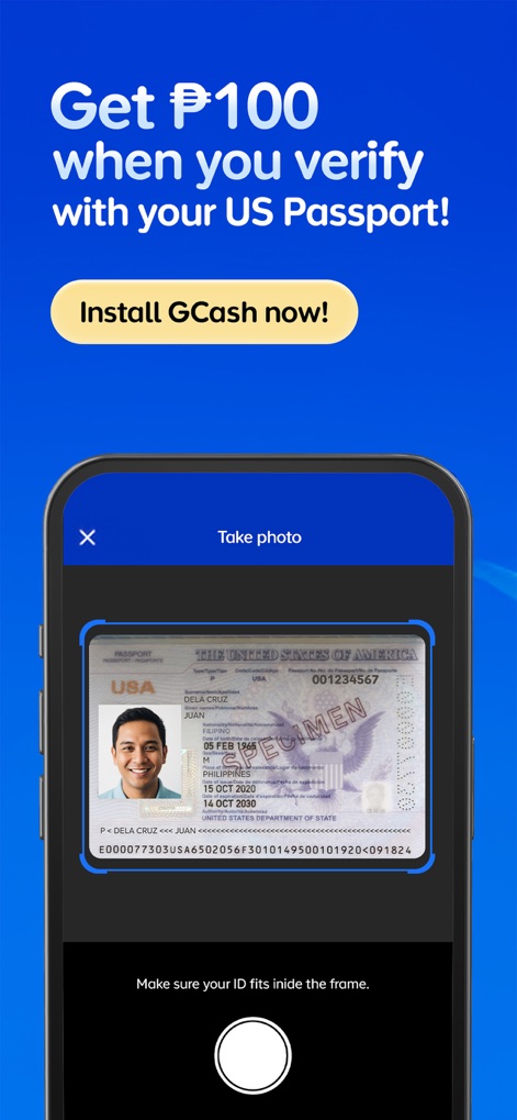 GCash - Observe the streamlined verification process, where users can "verify with your US Passport" to secure their account and access a "P100 bonus."