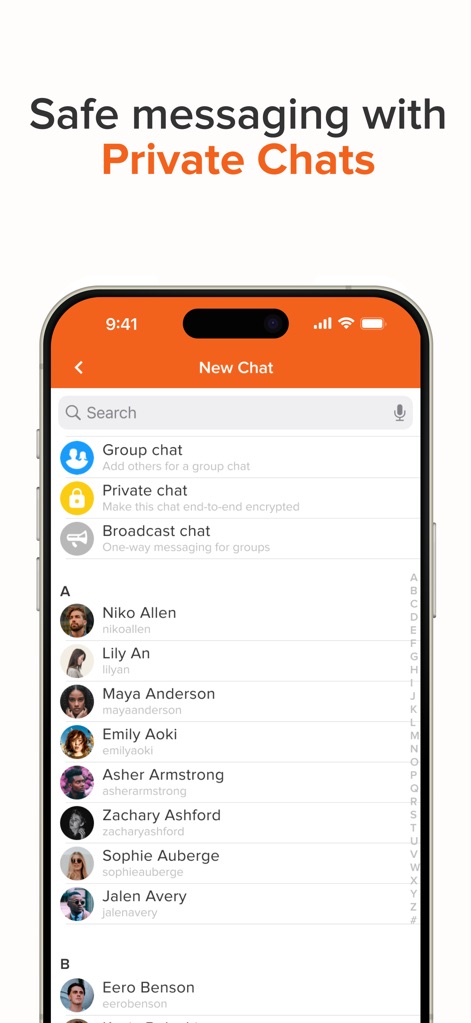 Voxer Walkie Talkie Messenger - Explore the diverse chat creation options, including "Private chats" for enhanced security and the comprehensive contact list for group or broadcast messages.