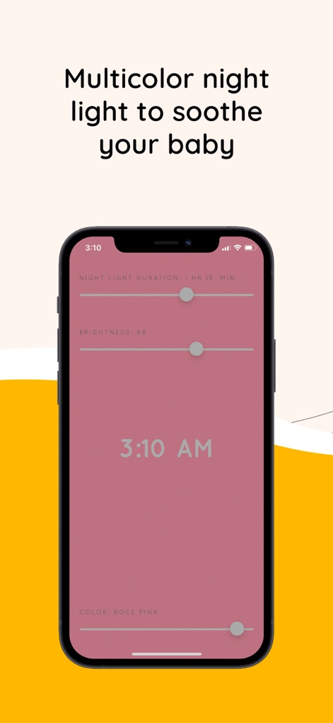 Sound Sleeper Baby White Noise - Die Ansicht präsentiert die Multicolor-Nachtlichtfunktion mit anpassbarer Helligkeit und einer Farbauswahl, die aktuell "Rose Pink" zeigt, zur sanften Beruhigung des Babys.