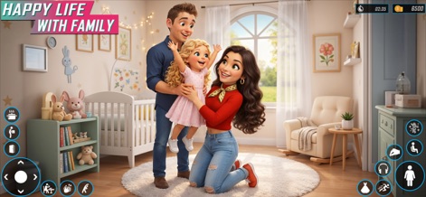 Mother Life Simulator Mom Game - Experience the warmth of family interaction, captured as parents lovingly engage with their child, and explore the beautifully rendered interior spaces designed for family bonding.