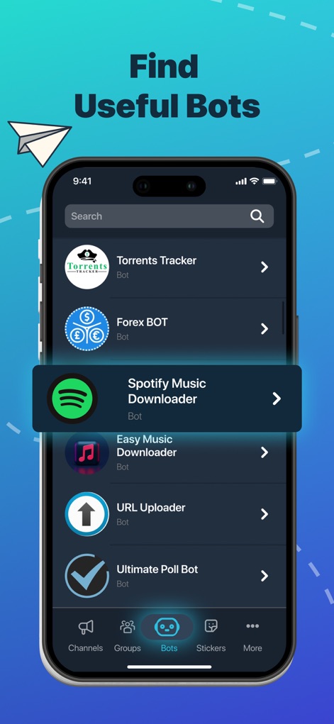 Telegram Channel Hub Group App - Esta pantalla muestra cómo los usuarios pueden navegar y seleccionar bots populares como "Spotify Music Downloader" y "Forex BOT" para mejorar su experiencia en Telegram.