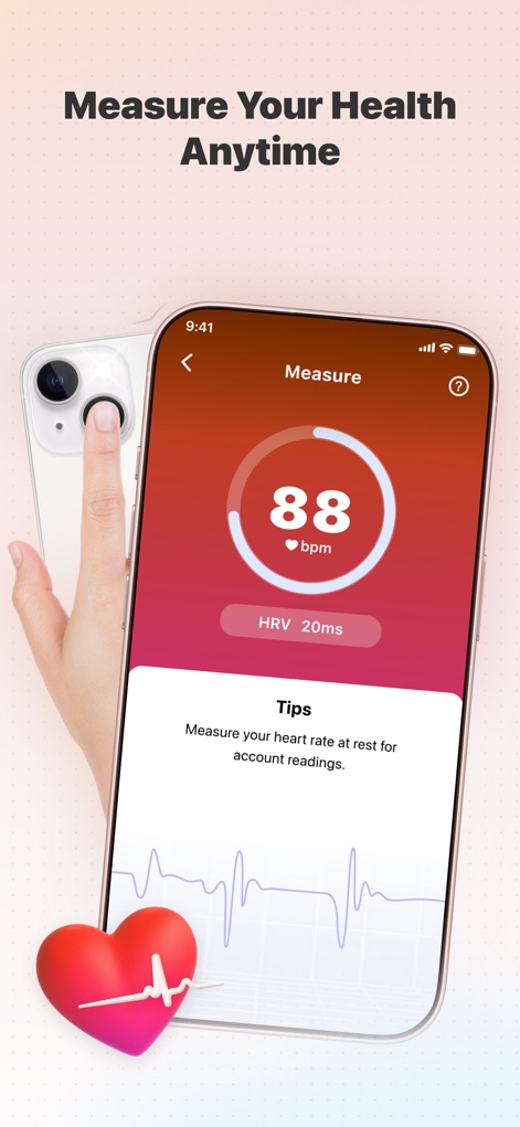 Health Partner: Pulse & Sugar - This tool offers immediate vital sign readings, clearly displaying both "88 bpm" for heart rate and "HRV 20ms", alongside helpful "Tips" for accurate measurement.