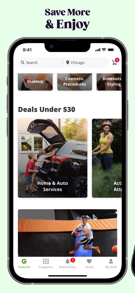 Groupon - Local Deals Near Me - The app expands deal exploration with additional subcategories for services and visually presents broad categories like 'Home & Auto Services' and 'Activities' for varied interests.