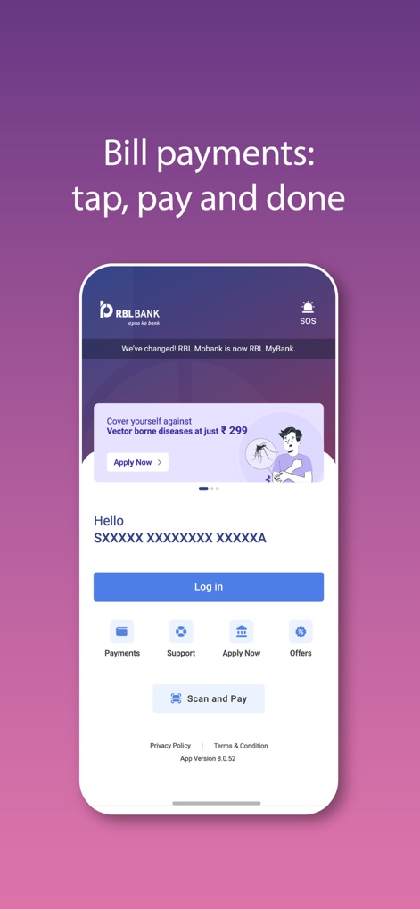 RBL MyBank (Prev. RBL MoBank) - Users are greeted with a secure login interface, featuring a prominent "Scan and Pay" option and a convenient "Payments" navigation tab.