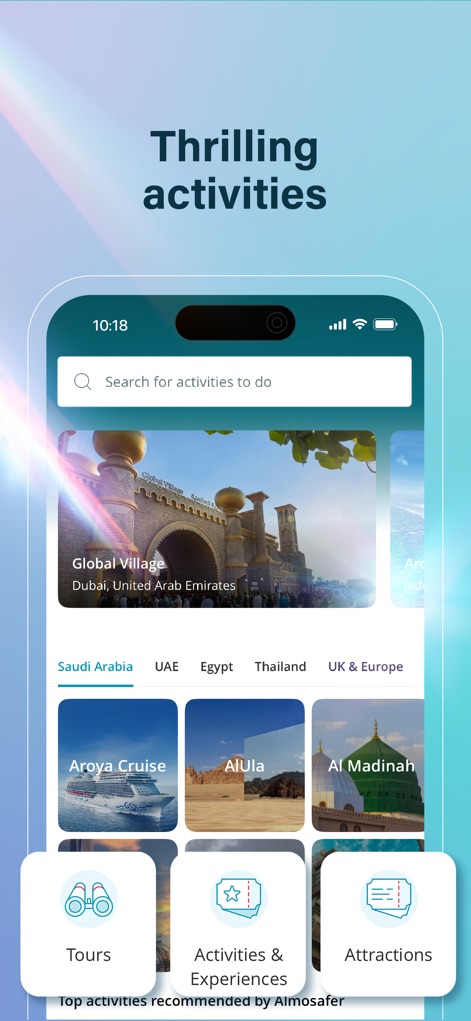 Almosafer: Flights & Stays - This section reveals a curated collection of local experiences, featuring geographically categorized options such as 'Saudi Arabia' and prominent attractions like 'Global Village' for easy discovery.