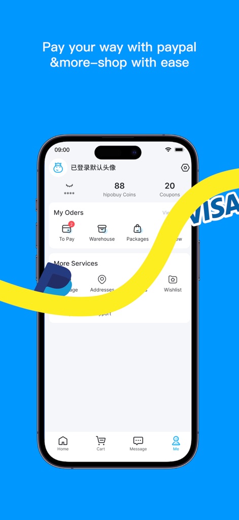 Hipobuy - Les utilisateurs peuvent gérer leurs commandes via les sections 'Entrepôt' et 'Colis', tout en bénéficiant de multiples méthodes de paiement fiables, y compris PayPal et Visa.