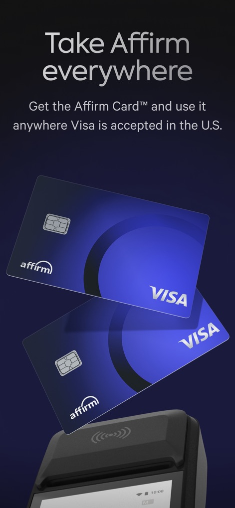 Affirm: Buy now, pay over time - This visual highlights the physical Affirm Card, demonstrating how users can tap to pay with it at any Visa-accepting terminal, extending the app's utility beyond online purchases.