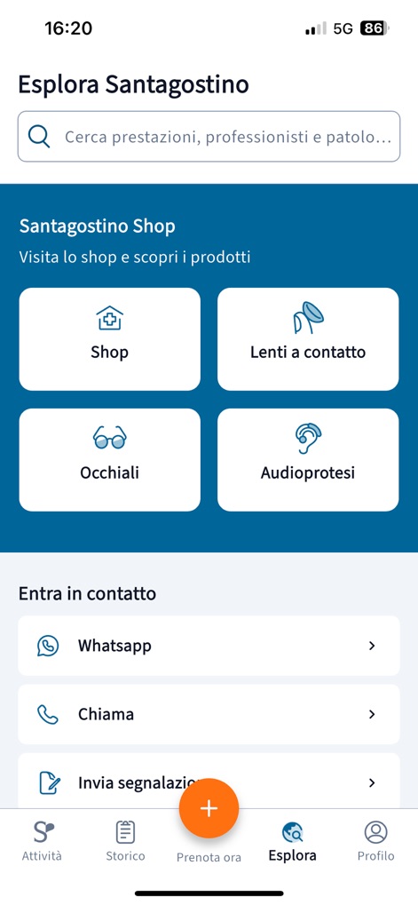 My Santagostino - この画面は「Santagostinoを探す」機能を提供し、サービスや専門家を検索するためのバーが上部に配置されています。また、「Santagostinoショップ」セクションでは、コンタクトレンズや眼鏡などの製品がカテゴリ別に表示され、ユーザーが簡単にアクセスできるようになっています。