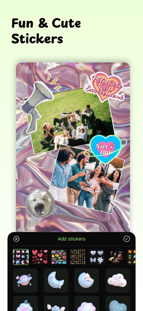 PhotoGrid Collage Maker Staril - Égayez vos créations avec une bibliothèque étendue d'autocollants amusants et de décorations thématiques pour chaque occasion.