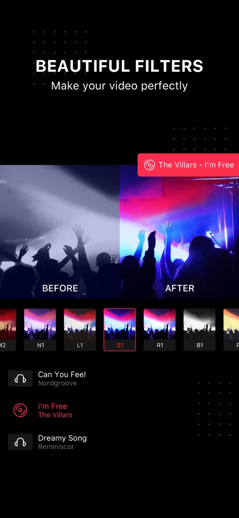 Video Editor . - Transform visuals instantly with this app's "Beautiful Filters" collection, providing a clear 'Before and After' preview for optimal creative control.