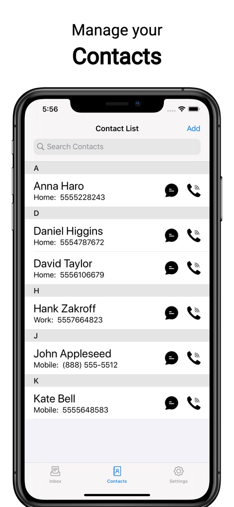Second Phone Number: Text Call - The app features a comprehensive contact list with a search bar and direct access buttons for calling and texting.