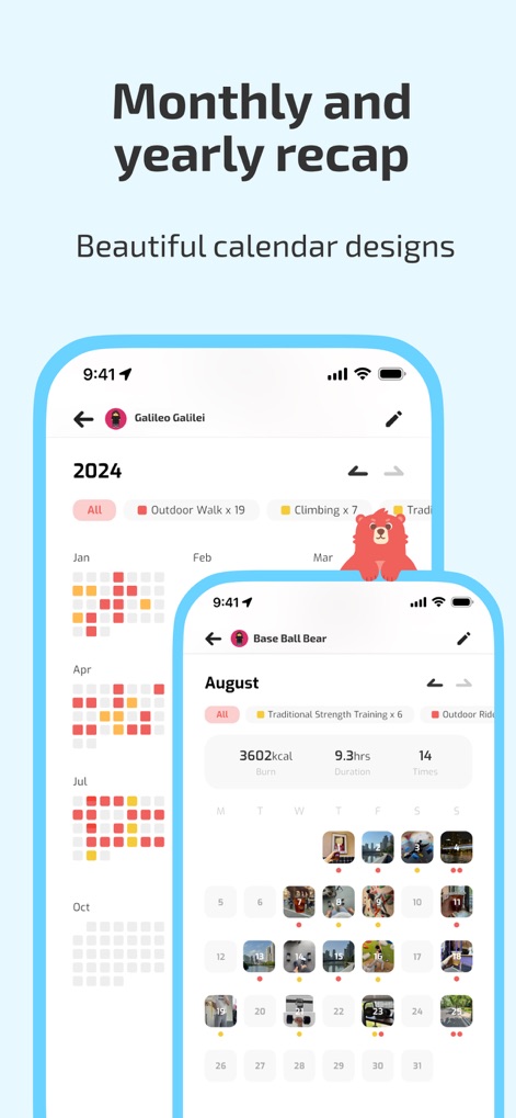 Fito: Fitness Streak, Calorie - The app delivers clear performance overviews through monthly calendar designs highlighting workout records and yearly heatmaps for comprehensive progress visualization.