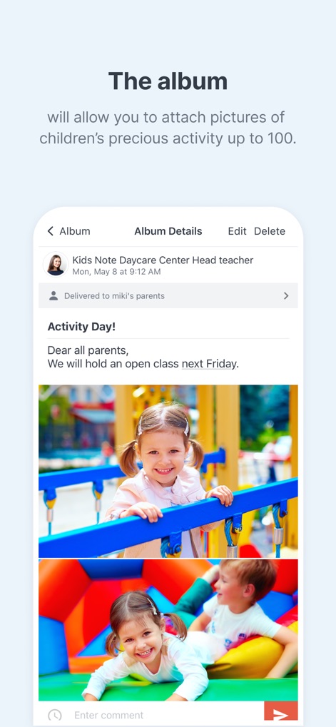 Kids Note - Users can easily share up to 100 pictures of children's activities, complete with activity descriptions, within a dedicated album interface.